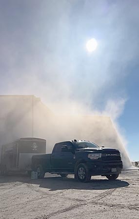 Truck, trailer and fog mist